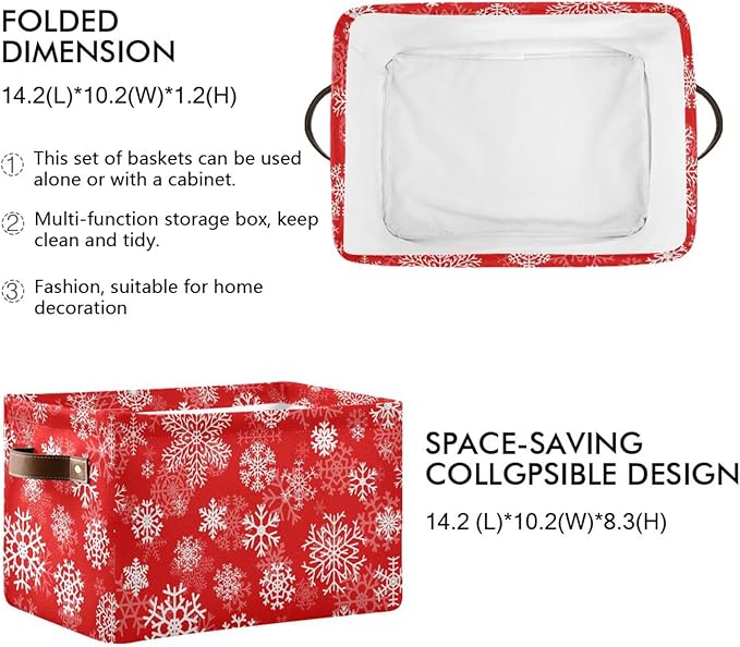 Christmas White Snowflakes on Red Storage Basket Cube Storage Bins Organizer Bag Collapsible Closet Shelf Baskets with handle for Baby Cloth Pet Toy Book 14.2×10.2×8.3 IN