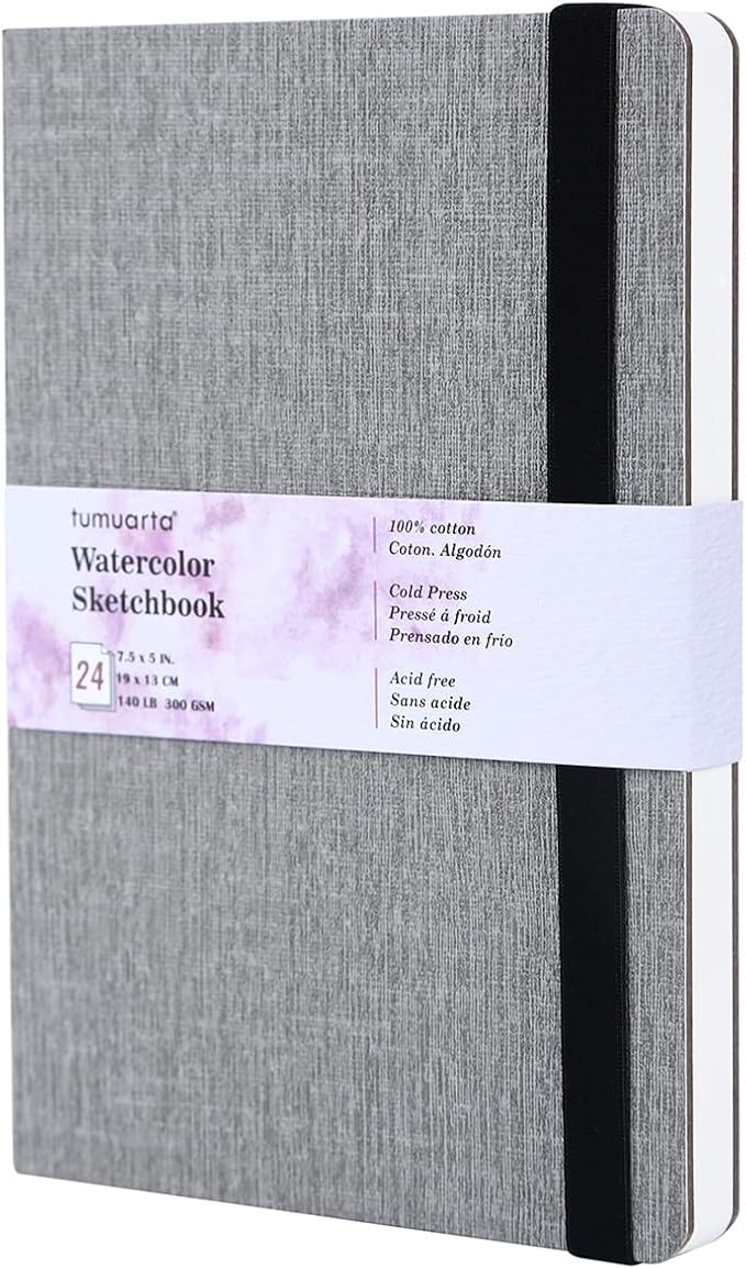 tumuarta Watercolor Sketchbook, 7.5x5, 140 LB, 300GSM, 100% Cotton Paper, Cold Press, 24 Sheets,48 Pages, Watercolor Journal for Use As Travel Sketch Book and Mixed Media Pad On The Go