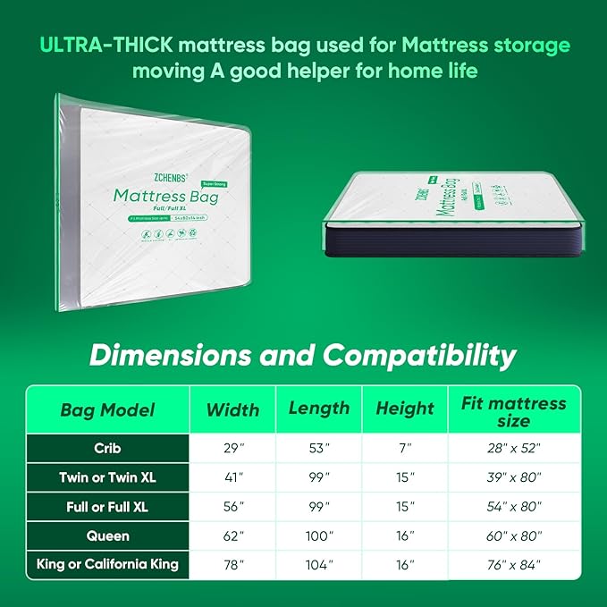 ZCHENBS® – Mattress Bags for Moving and Storage,Mattress Bag with Zippers,5 Mil Ultra-Thick Bed Bag,Waterproof,Anti-Tear,Heavy-Duty Mattress bag (Tansparent/Green, Full/Full XL-(1 Pack))
