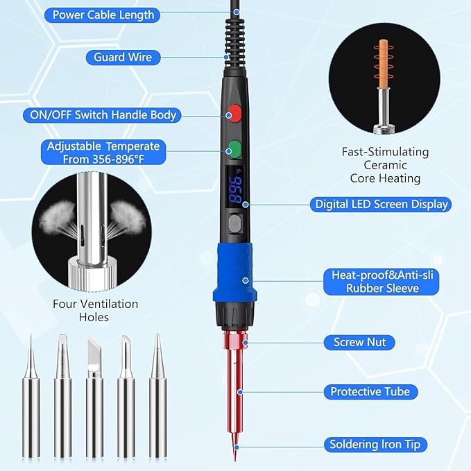 Soldering Iron Kit, 90W LED Digital Soldering Gun kit with Ceramic Heater, 110V Adjustable Temperature Solder Welding Iron Kits, Auto-sleep, Thermostatic Design, Black