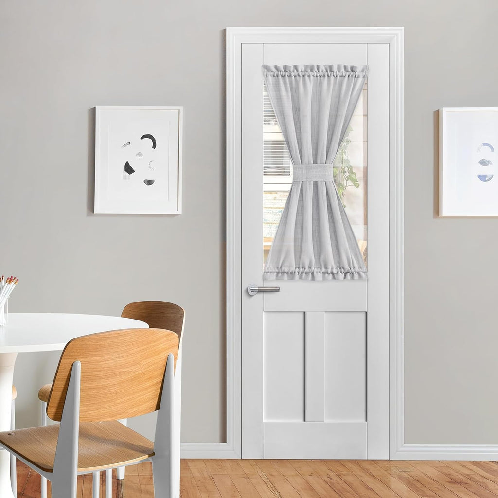 NICETOWN Linen Door Curtains 40 Inches Long, Dual Rod Pocket Semi Sheer Sidelight French Door Curtains for Kitchen Glass with Tieback for Privacy Protection, W26 x L40, 1 Panel, Light Grey