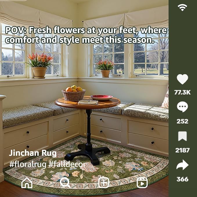 jinchan Floral Corner Rug for Living Room Washable Bedroom Rug Vintage Romance Design Non Slip Quarter Circle Lightweight Low-Pile Throw Carpet for Reading Nook Playroom,7ft Radius, Green