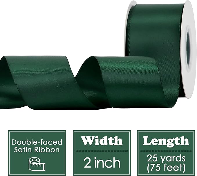 HUIHUANG Hunter Green Satin Ribbon 2 inch Double Side Green Satin Fabric Ribbon for Christmas, Crafts, Bows Making, Flower Bouquet Wrap, Gift Wrapping, Wedding Decor, Home Decor, Hairs-25 Yards/Roll