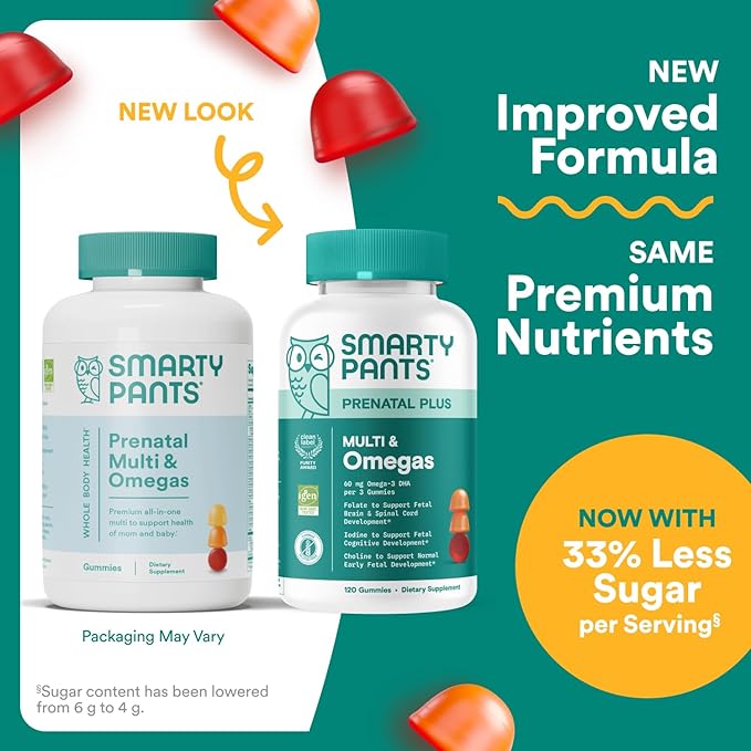 SmartyPants Prenatal Multivitamin Gummies - Improved Formula: Omega 3 (DHA/EPA), Methylfolate, Biotin, Vitamin D3, C, Vitamin B12, B6, Vitamin A, K & Zinc, Gluten Free, 120 Count (40 Day Supply)