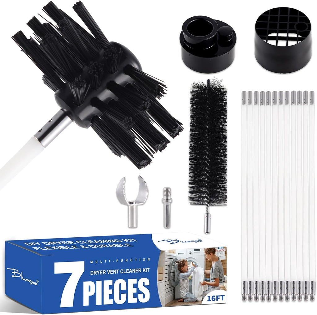 Bluesea 7 Pieces 16 Feet Dryer Vent Cleaner Kit, Reinforced Nylon Dryer Vent Cleaning Kit, Durable Dryer Vent Brush Vacuum Attachment with Flexible Lint Trap Brush, Vacuum & Dryer Adapters Upgrade
