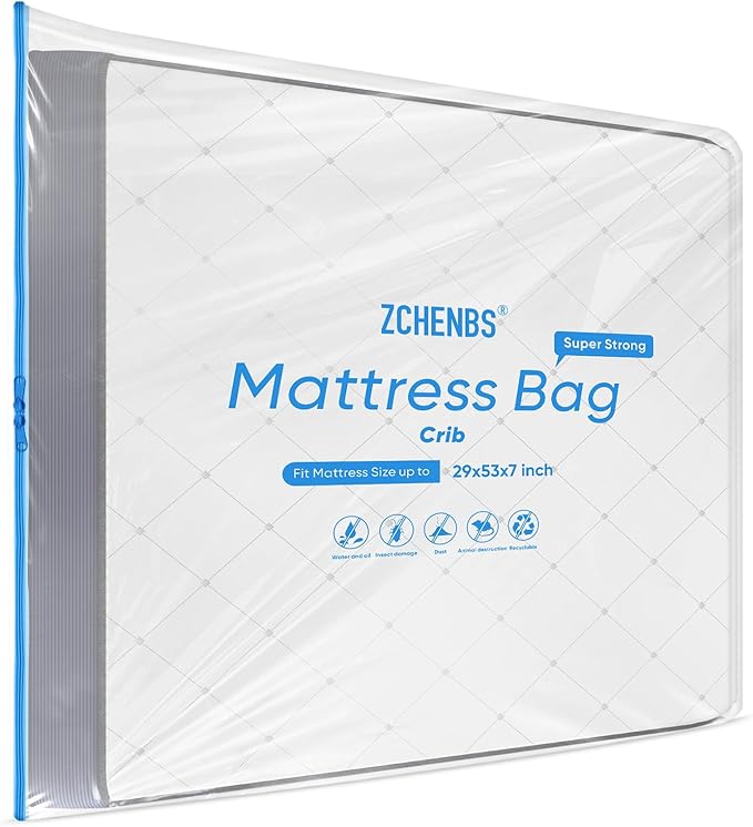 ZCHENBS® – Mattress Bags for Moving and Storage,Mattress Bag with Zippers,5 Mil Ultra-Thick Bed Bag,Waterproof,Anti-Tear,Heavy-Duty Mattress bag (Transaparent/Blue, Crib-(1 Pack))