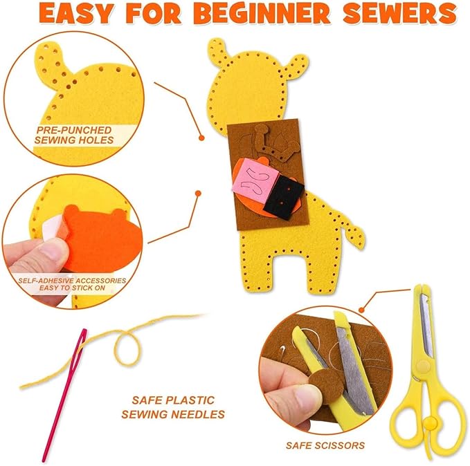 FYXGZZH Kids Beginner Sewing Kit – DIY Stuffed Craft Set with Pre-Cut Felt, Plastic Needle & Embroidery Thread, Educational Arts & Crafts for Boys & Girls Ages 6-12, Jungle Animal
