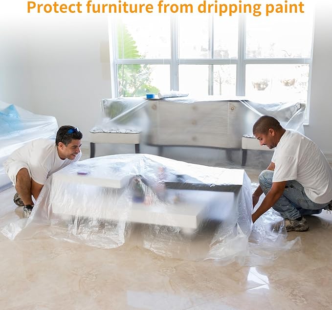 Pre-Taped Masking Film 3 Pack Each 118in x 65 feet Rolls, Tape and Drape, Painters Plastic Sheeting Drop Cloth for Automotive Painting Covering, House Decoration Furniture Floor Dustproof Cover