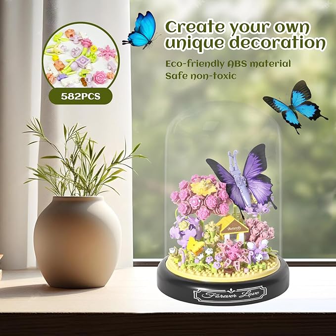Flower Bouquet Building Set for Adults,582 PCS Animals Flowers Botanical Collection Mini Building Block Kit with Dust Cover,Butterfly Wildflower Bonzai Building Toys for Girl Women
