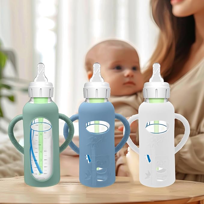 3 Pack Silicone Sleeves for Dr. Brown's Glass Baby Bottles - Drop Protection Baby Bottle Sleeves,Compatible with Dr. Brown's Newborn Glass Bottles,with Silicone Handles,8 oz