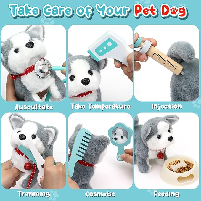 Lorfancy 22 Pcs Kids Doctor Kit Dog Toys Toddlers Wooden Veterinarian Playset Walking Barking Electronic Stuffed Dog Vet Costume Puppy Pet Pretend Play Gifts for Girls Boys 3 4 5 6+ Year Old