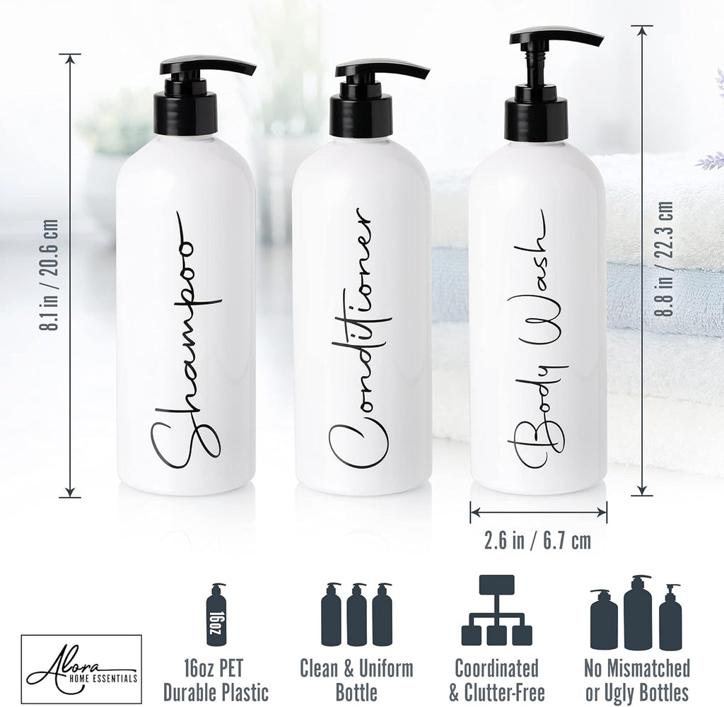 Alora 16oz Refillable Shampoo and Conditioner Dispenser Bottles - Set of 3 - Pump Bottle Dispenser for Shampoo, Conditioner, Body Wash - Empty Plastic Refillable Containers for Shower, Matte White