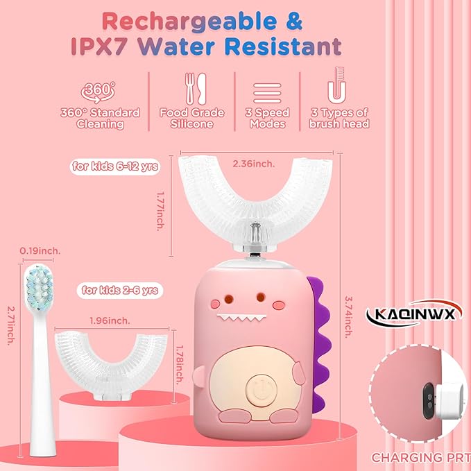 Kids U Shaped Electric Toothbrush for Age 2-12, Rechargeable Toddler Toothbrush with Smart Timer & 3 Clean Modes, Dinosaur Design, IPX7 Waterproof, 3 Brush Heads & 360°Cleaning