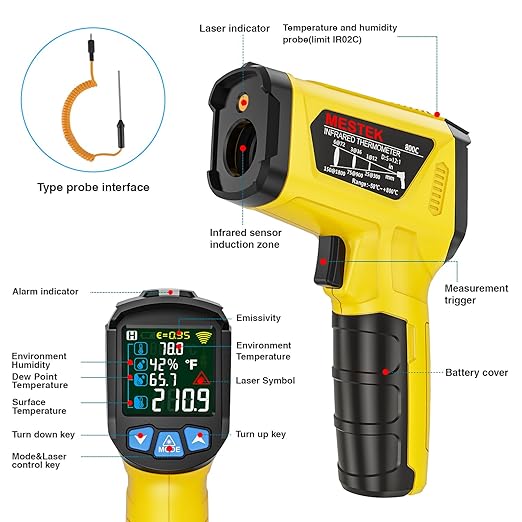 MESTEK Infrared Thermometer Laser Temperature Gun, -58°F to 1472°F (-50~800°C), Non-Contact Digital IR Thermometer Temp Gun Gun with Color LCD for Cooking Pizza Oven, Adjustable Emissivity
