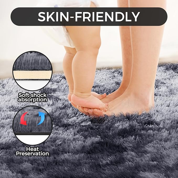 Ultra Soft Rug for Living Room, 4X6 Fluffy Shag Area Rug for Bedroom, Modern Shaggy Carpets Fuzzy Rug for Teens Dorm Nursery Home Decor Aesthetic, Upgrade Anti-Skid Durable, Tie Dye Black and Grey
