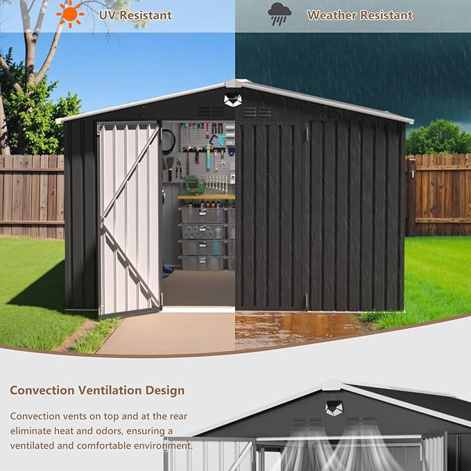 10x8 FT Outdoor Storage Shed, Metal Garden Shed - Tool Storage Sheds with Lockable Doors & 1 Clear Window, Waterproof Outside Storage Building for Backyard, Patio (Black; Floor Not Included)