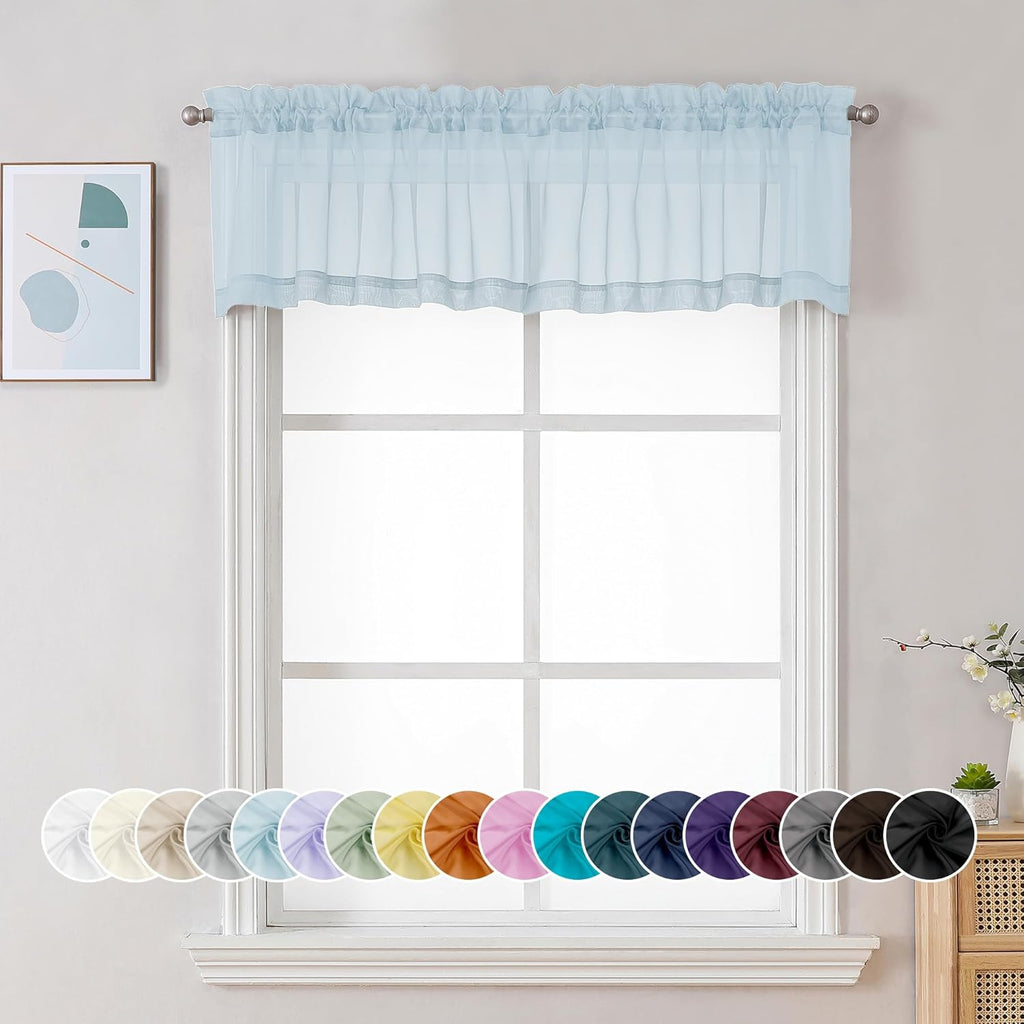 Chyhomenyc Light Blue Sheer Valances for Windows 2 Pack, Small Window Curtains for Living Room Bathroom Cafe Laundry Basement, Modern Top Dual Rod Pocket Voile Curtain, 42W x 14L inches, Sky Blue