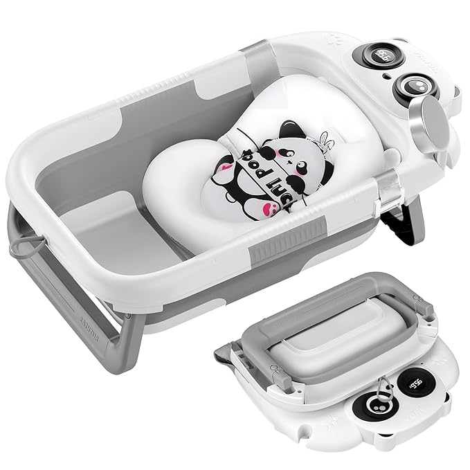 Foldable Baby Bathtub, Lightweight Bathtub for Infants to Toddlers with Soft Cushion & Thermometer, Portable Baby Tub Newborn to Toddler 0-36 Months(Grey)