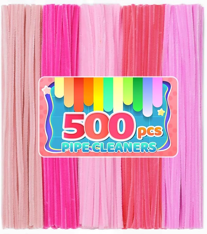 IOOLEEM Pink Pipe Cleaners,500pcs in 5 Colors, Chenille Stems for Art and Craft Projects, Flower DIY Decorations