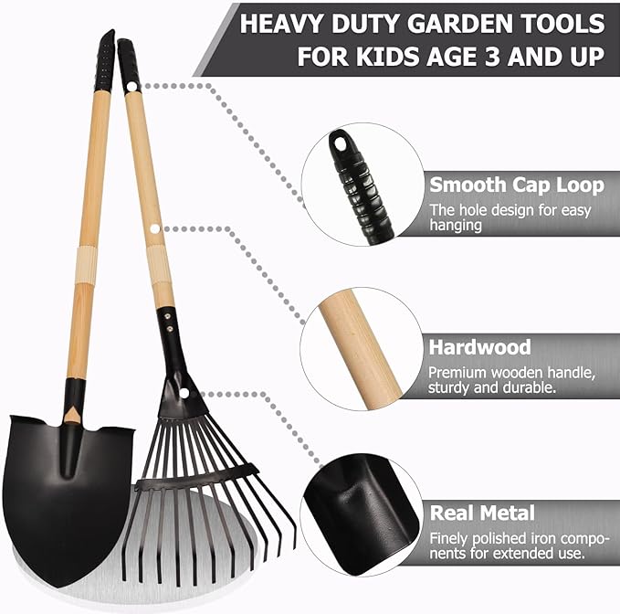 7PCS Kids Gardening Tools, Long Shovel, Rake for Leaves, Spade, Hoe, Steel Heads & Real Wood Handle, Yard Tools for Children Toddlers Gifts