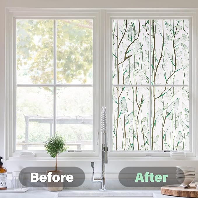 Donox Frosted Glass Window Film Heat Control UV Blocking, Static Cling Reusable Home Bathroom Door Window Privacy Film, Green Leaf Pattern Window Covering with Installation Tool, 35.4 in x 6.5 feet