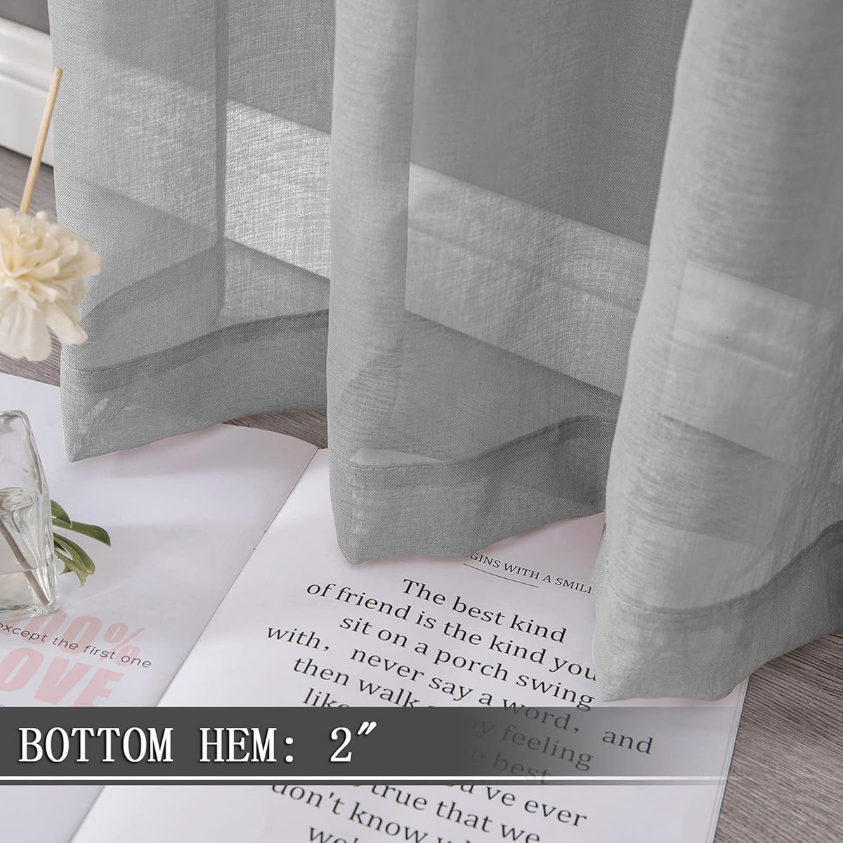 Tollpiz Short Sheer Curtains Linen Textured Living Room Curtain Sheers Light Filtering Rod Pocket Voile Curtains for Bedroom, 42 x 45 inches Long, Silver Grey, Set of 2 Panels
