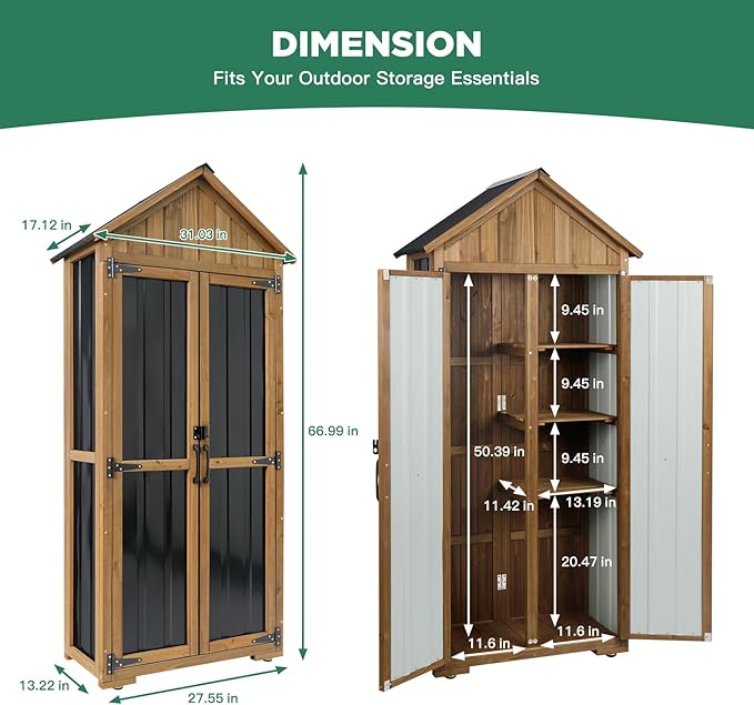 Outdoor Storage Cabinet, Wood & Metal Storage Shed with Weather-Resistant Roof, Adjustable Shelf, Lockable Doors & Adjustable Feet, for Garden, Patio, Backyard, 27.5" x 13" x 67" (Brown+Black)