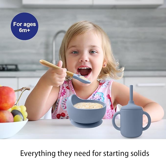 Silicone Baby Feeding Set 14 Pcs,Baby Led Weaning Supplies, Baby Spoons Suction Bowl Divided Plate Bib Cup Finger Brush,First Stage Solid Food Eating Utensils - 6+ Months(Blue Gray)