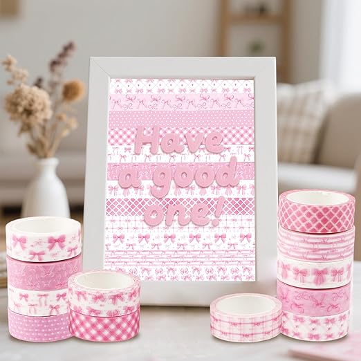 12 Rolls Pink Bow Washi Tape, Bowknot Plaid Adhesive Masking Tapes Decorative Pink Coquette Paper Tape for Scrapbook Journal Planners DIY Art Crafts Gift Wrapping 16.4FT