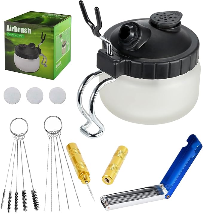JOYABEST Multi-Purpose AirbrushCleaning Pot Airbrush Washing kit,with Spray GunCarburetorCleaning Tool Set,5 Cleaning Needles + 5 Nylon Brushes + 1 Repair Tool for Removing Nozzle Paint, Dirt