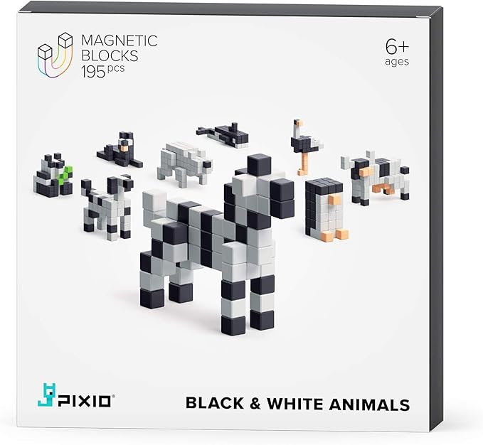 PIXIO Magnetic Cubes - Black & White Animals - Magnetic Cubes Building Toys in Pixel Art Style - Animal Figures - Arts and Crafts Kids Toys - Building Blocks - Learning Toys - 195 pcs