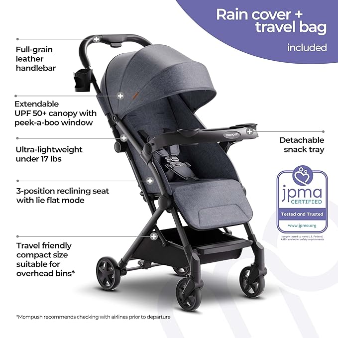 Mompush Lithe V2 Lightweight Travel Stroller, Compact Foldable Baby Stroller with Travel Bag, One-Hand Fold Stroller, Snack Tray, Mechanical Recline Seat, Airplane-Ready, Organizer & Rain Cover