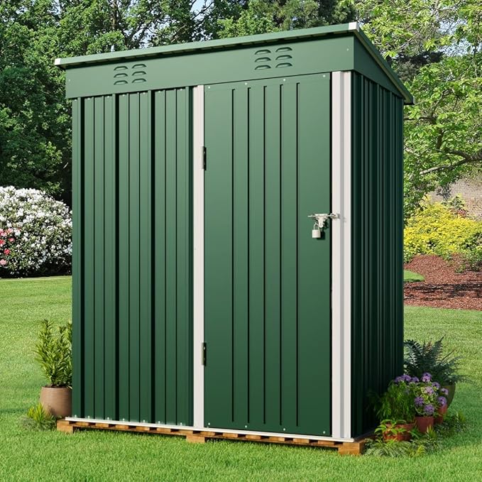 Gizoon 5' x 3'Outdoor Storage Shed with Singe Lockable Door,Galvanized Metal Shed with Air Vent Suitable for The Garden,Tiny House Storage Sheds Outdoor for Backyard Patio Lawn-Green