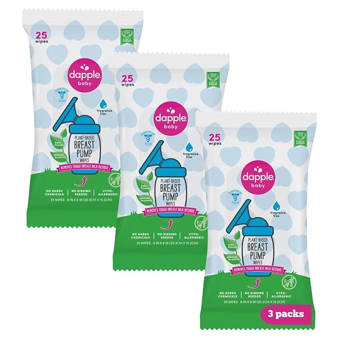 Dapple Baby Breast Pump Wipes, Powered by Plants, Hypoallergenic, Removes Milk Residue, No Rinse, Fragrance Free, 25 Count (Pack of 3)