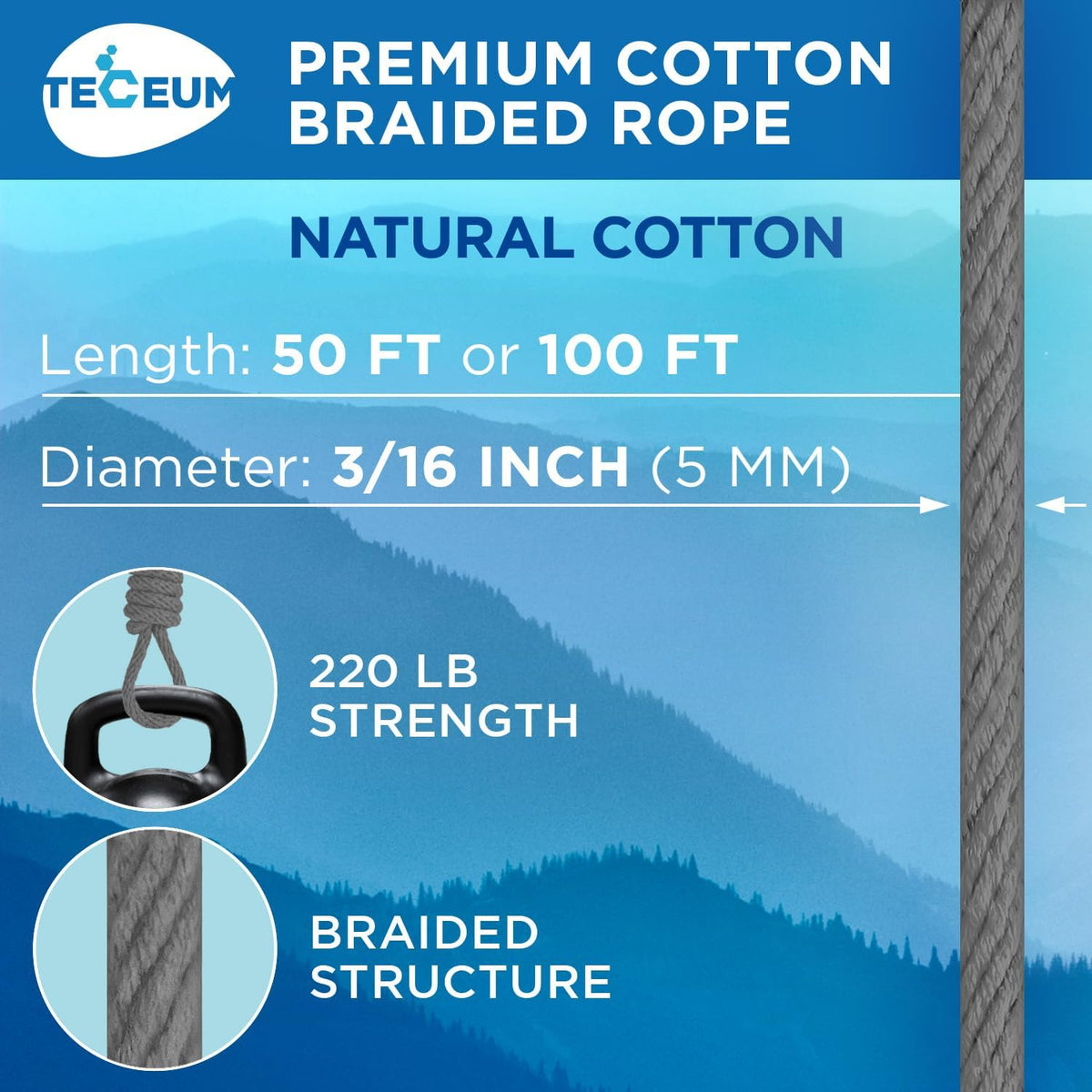 TECEUM Cotton Rope 3/16” (5 mm) – 50 FT – Strong All-Purpose Braided Rope – Natural Cotton – for Crafting, Сamping, Clothes Line, DIY, Indoor & Outdoor Use – Gray