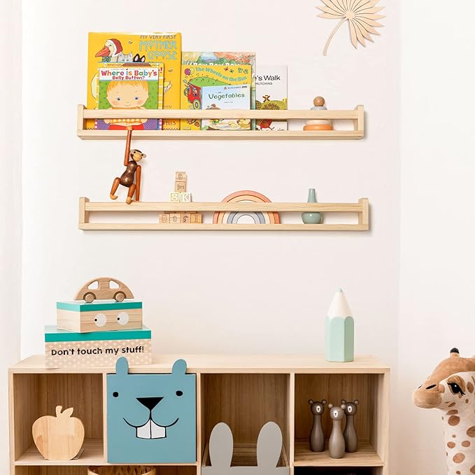 Fun Memories Nursery Book Shelves - Rustic Natural Solid Wood Floating Bookshelf for Kids - Wall Book Shelves for Kids Room (Natural, 32inch - 2P)
