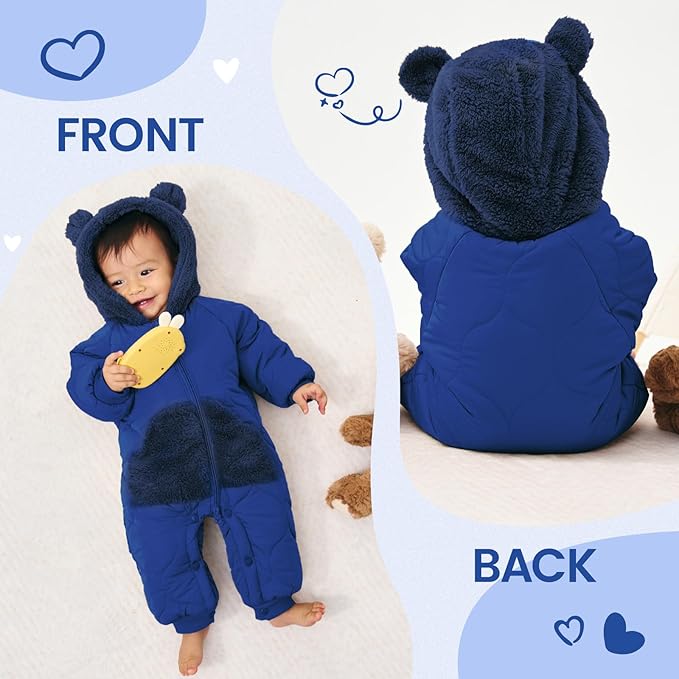 JiAmy Baby Snowsuit Newborn Winter Clothes Coat Romper Windproof Fleece Hat Zipper Baby Bear Outfit