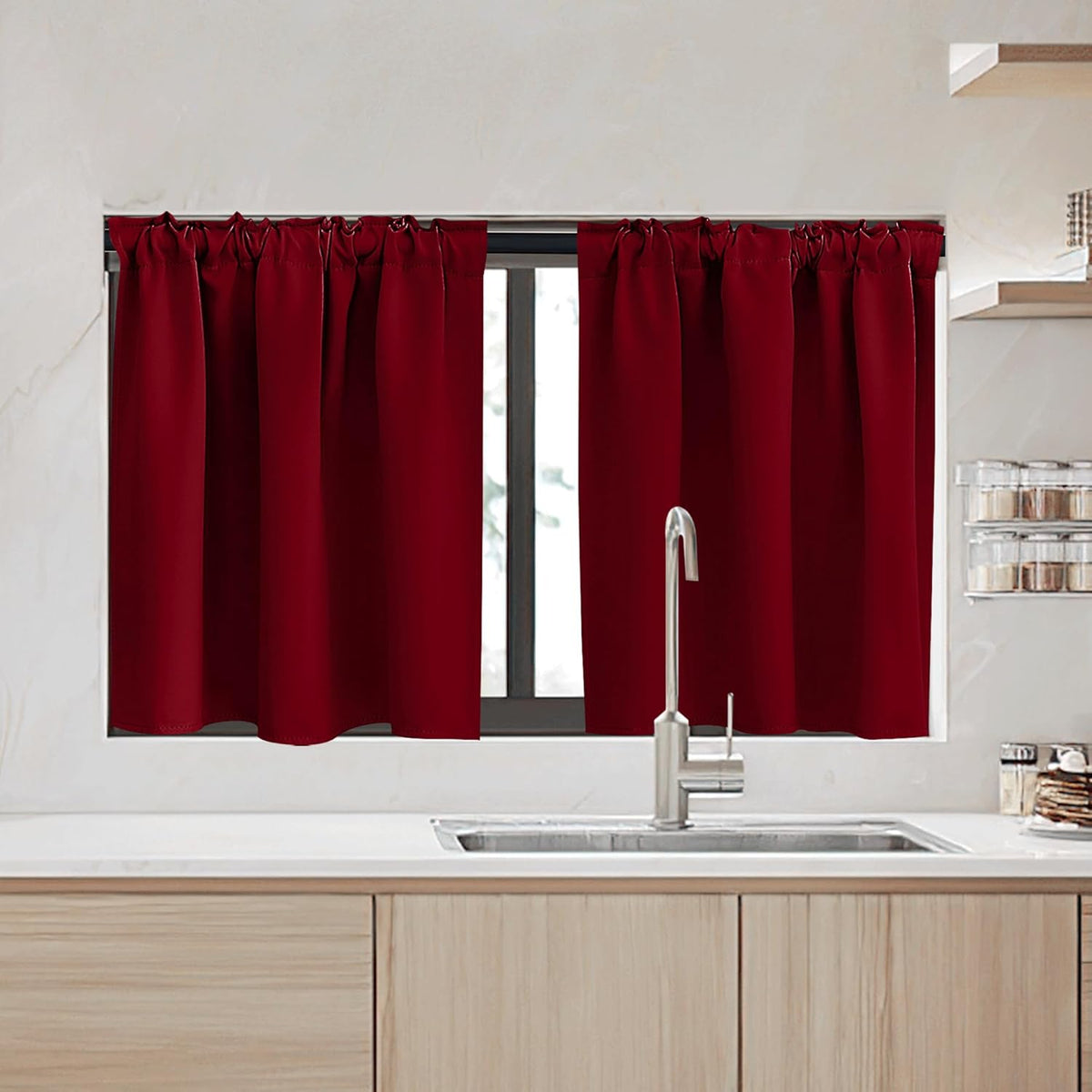 RYB HOME Kitchen Window Curtains - Blackout Privacy Half Window Curtains for Bedroom Bathroom Dining Living Room Cafe Office Short Tiers Drapes, W 34 x L 36 inches, 2 Panels, Burgundy Red