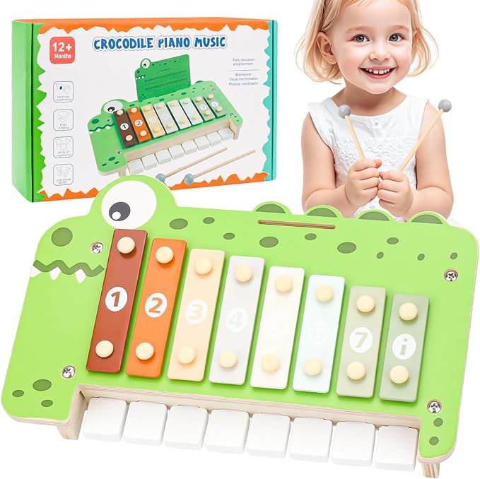 Baby Piano Xylophone Musical Toys - 2 in 1 Wooden Montessori Crocodile Toys for Toddler Kids, 8 Multicolored Key Keyboard Instruments, Preschool Educational Musical Learning Toy for Girls Boys