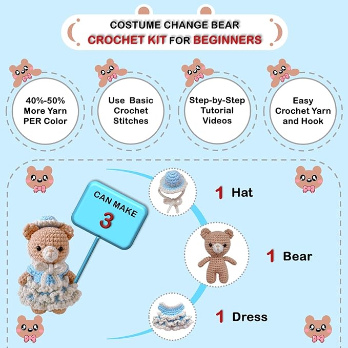 LoopMap Crochet Kit for Beginners - DIY Amigurumi Bear with Removable Dress & Accessories - Step-by-Step Video Tutorials, Extra Yarn, Crochet Tools, Handmade Gift for Kids & Adults (Bear K02, Blue)