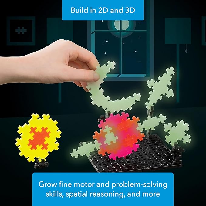 PLUS PLUS Building Set with Travel Case, 3D Open Ended Stem Toy for Kids, 100 Mini Interlocking Pieces, 1 Baseplate - Glow Mix
