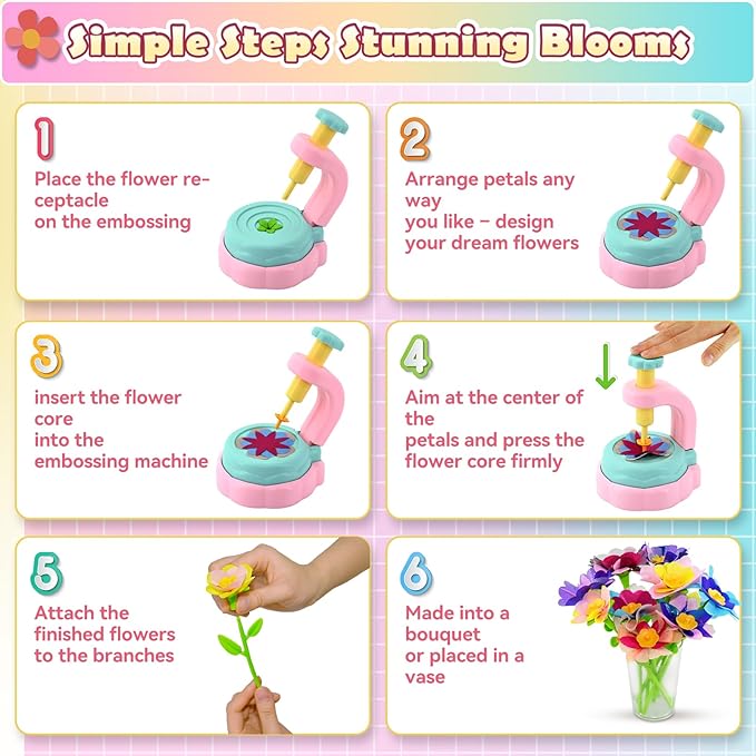 Flower Bouquet Craft Kit, DIY Arts and Crafts for Kids 4-6-8, Girls Toys 4-6-8 Flower Making Activity Toy Set for Toddler and Kids, Birthday Gifts for 4 5 6 7 8 Year Old Girls (Pink & Blue)