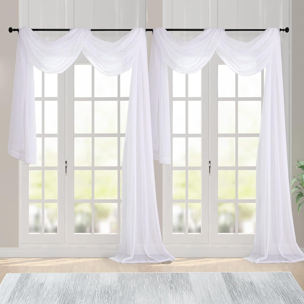 Chyhomenyc White Sheer Scarf Valances for Windows 216 Inch Extra Long, Window Scarf Drapes Rod Pocket Backdrop for Wedding Arch Draping/Party/Canopy Bed/Living Room, 2PC, 18 Feet Length