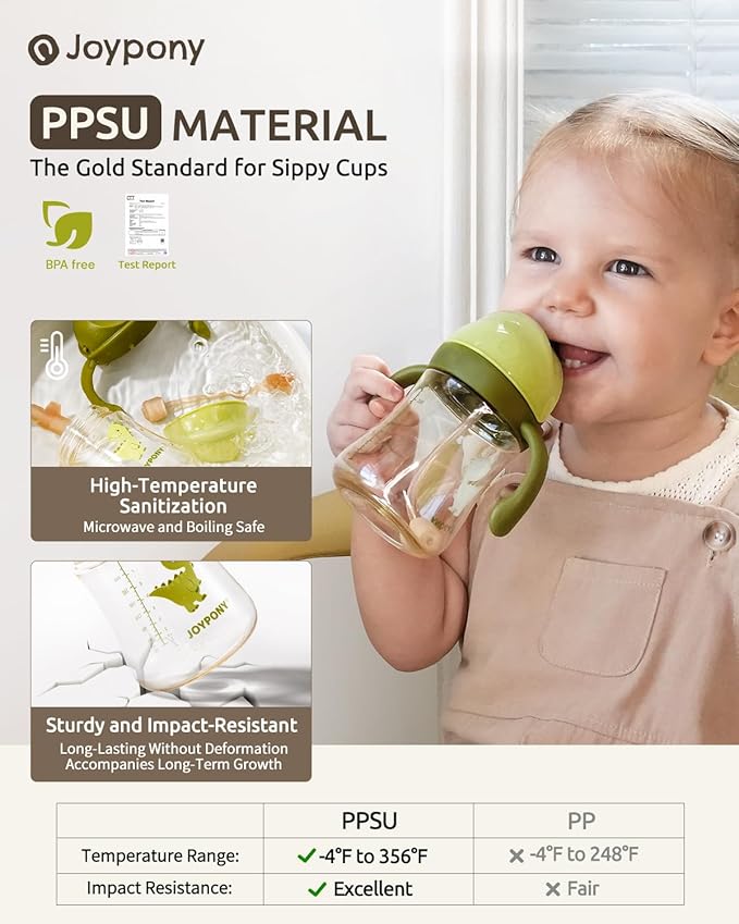 Sippy Cups for Toddlers 1-3, Spill Proof Weighted Straw Cup with Handle for Baby 6 Months + old, 2 Silicone Straws, PPSU, BPA Free, 9 oz (Green)