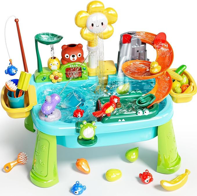 Water Table Play Sink Toys for Toddlers, Kids Play Kitchen Sink with Running Water, 360° Electric Faucet, Floating Fishing Game, Sensory Water Table Toys for Boys Girls Summer Gifts