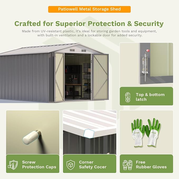Patiowell 10 x 12 FT Metal Storage Shed for Outdoor, Steel Yard Shed with Design of Lockable Doors, Utility and Tool Storage for Garden, Backyard, Patio, Outside use, Gray