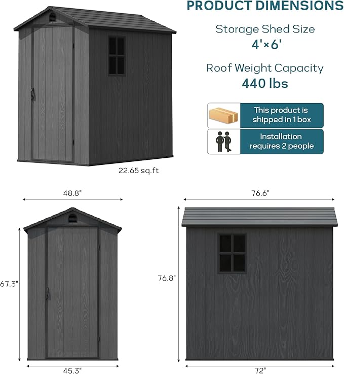 Greesum 4×6FT Plastic Outdoor Storage Shed with Floor, Resin Storaged Sheds with Lockable Door, Window & Vent, All-Weather Tool Sheds for Garden, Backyard, Patio, Dark Gray (One-Piece Panel)
