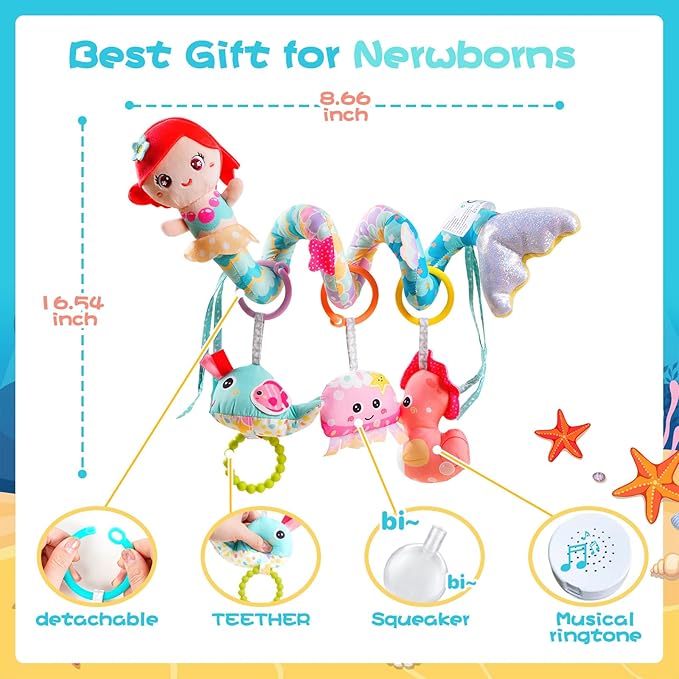 Koty Carseat Toys Hanging, Blue Mermaid Stroller Toys for Babies 0-6 Months, Baby Car Seat Toy with Crinkle, Teether, Music Box, Rattle, BB Squeaker for Babies Boys Girls Gifts (Blue Mermaid)