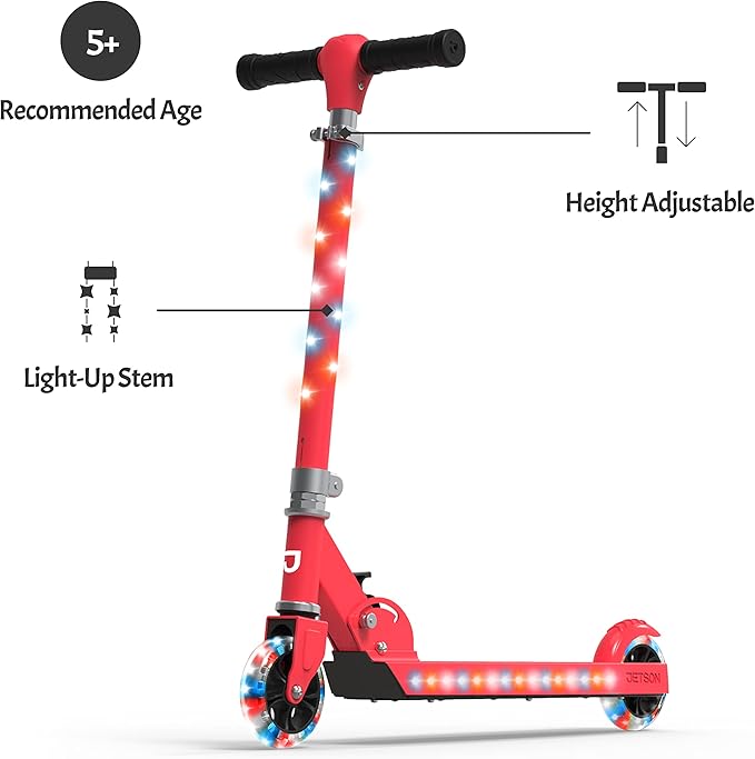 Jetson Jupiter Kids 2-Wheel Light-Up Kick Scooter, LED Lights on Handlebar, Stem, Wheels & Deck, Adjustable Handlebar, Rear Brake, Easy-Folding Mechanism, Ages 5+