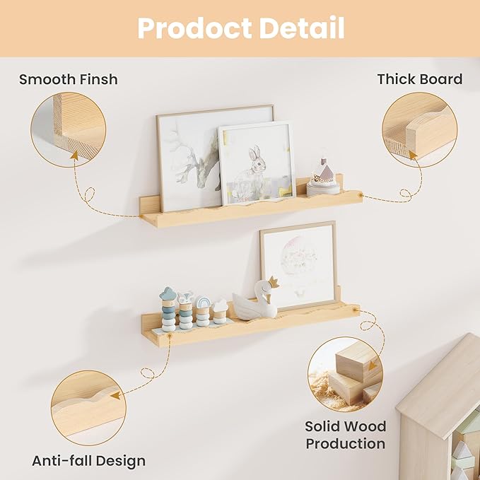 Fun Memories Picture Ledge Shelf for Wall, 24 inch Pine Wood Nursery Book Shelves Set of 2- Wall Book Shelves for Kids Room, Home Decor - Kitchen Spice-Natural.